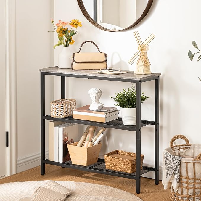 HOOBRO 29.5" Narrow Console Table, 3-Tier Entryway Table, Thin Sofa Table with Shelves, Side Table, Display Table, for Hallway, Entrance, Living Room, Bedroom, Greige and Black BG73XG01