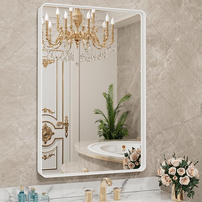 LOAAO 24x32 Inch White Metal Framed Bathroom Mirror