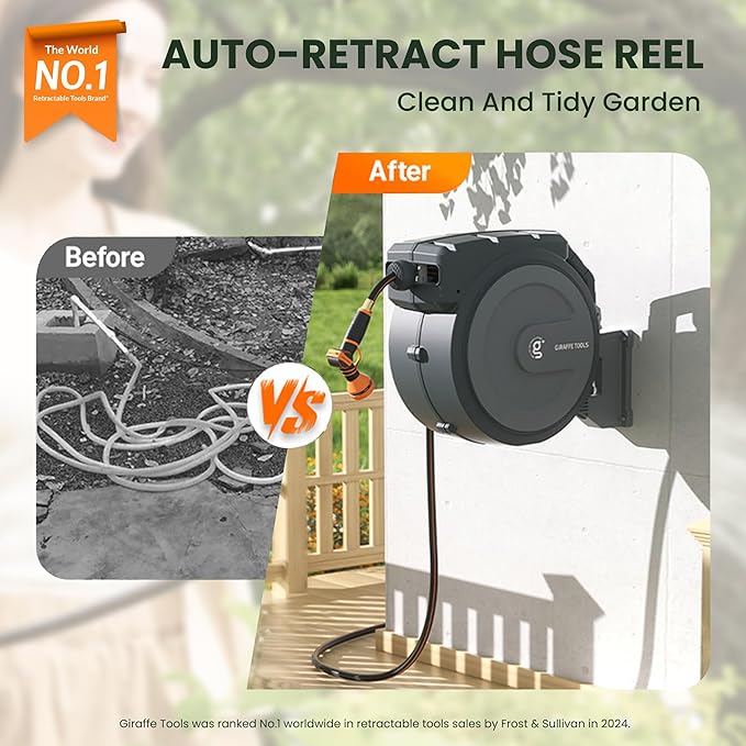 Giraffe Tools Hose Reel 1/2‘’ 78 ft, Heavy Duty Retractable Garden Hose Reel with Any Length Lock, Slow Return System, Wall Mounted and 180 Deg Swivel Bracket