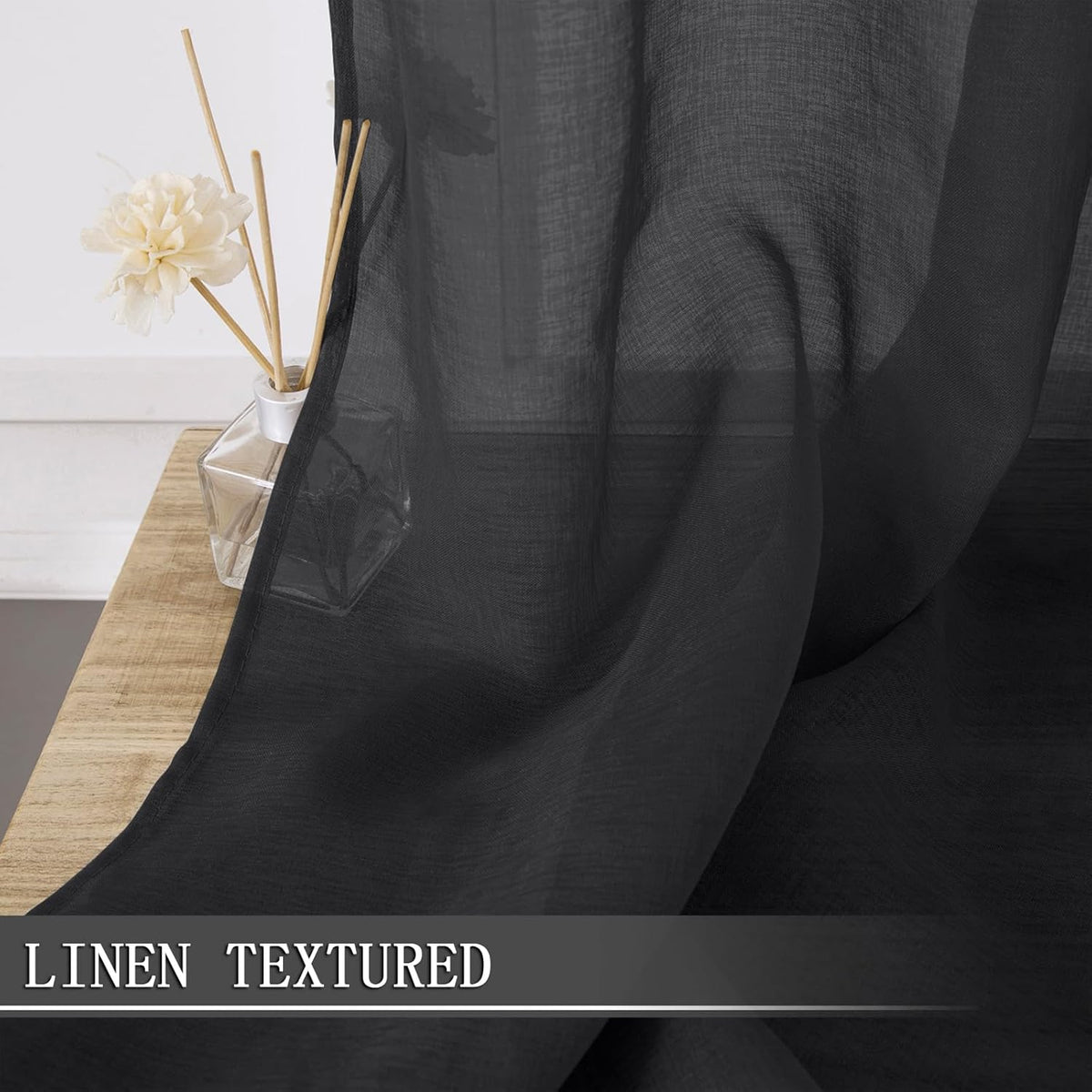 Tollpiz Short Sheer Curtain Living Room Linen Textured Curtains Sheer Light Filtering Voile Rod Pocket Curtain for Bedroom, 38 x 54 inches Long, Black, Set of 2 Panels