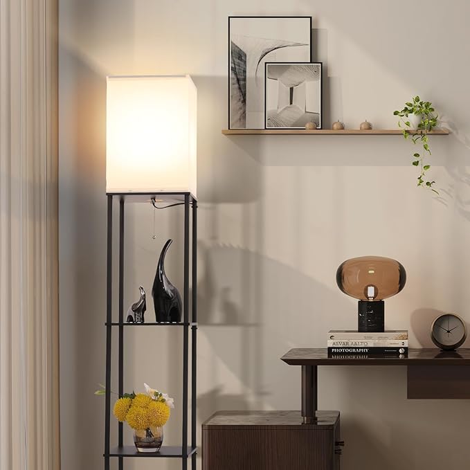 Floor Lamp with Shelves, Modern Square Standing Lamp with 3 Color Temperature Bulb, Corner Display Bookshelf Lamp for Living Room, Bedroom and Office (Black-2 Pack)