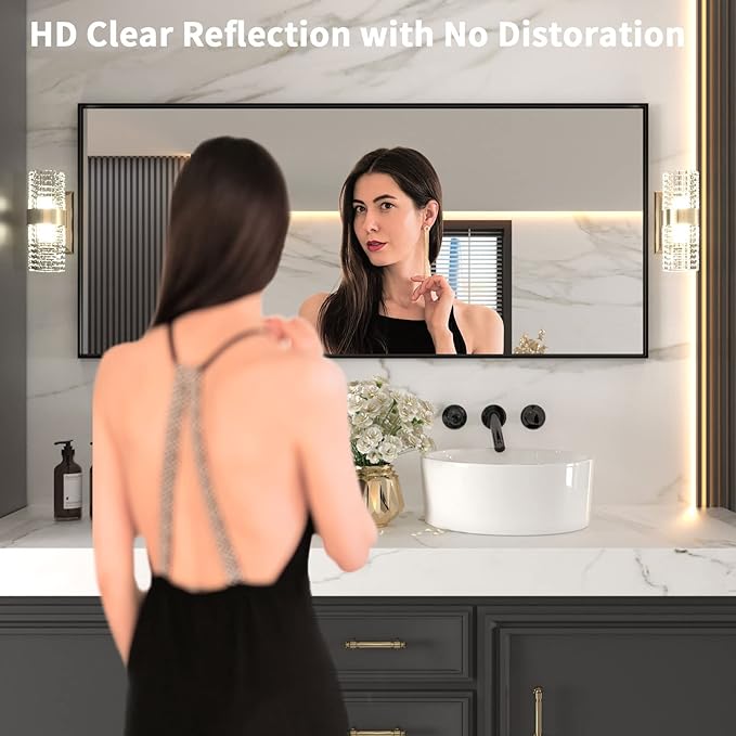 LOAAO 72"X32" Black Rectangle Bathroom Mirror Wall, Matte Black Aluminum Alloy