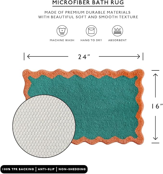 MONDAY MOOSE Bath Mat with Scalloped Wavy Ripple Design, Microfiber Absorbent Non Slip Tufted Rug for Floor, Shower or Kitchen (16x24 inch, Teal Peach)