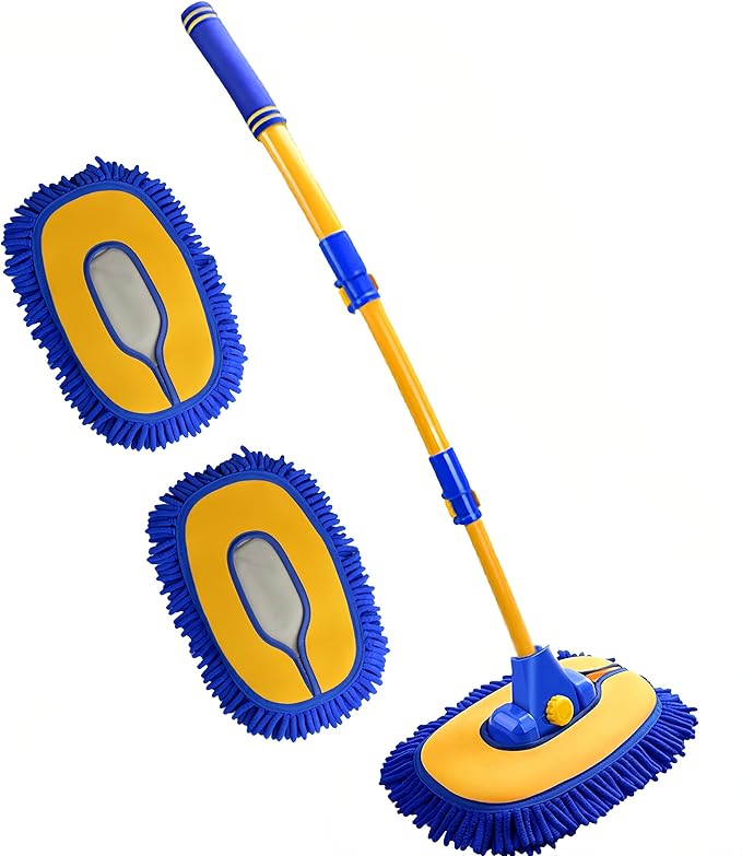 Upgrade Car Wash Brush with Long Handle,Chenille Microfiber Car Cleaning Brush Supplies Kit Car Wash Mop Accessories Car Washing Brush with Scratch-Free Replacement Head(Blue