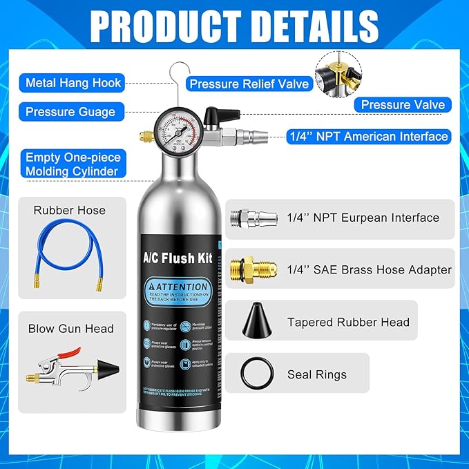 AC Flush Kit Air Conditioner System Flush Canister Kit AC Drain Line Cleaner Tool Conditioning Pipeline Set with Gauge, Air Fittings and Hose for Car Conditioner Pipe(Blue,Classic)