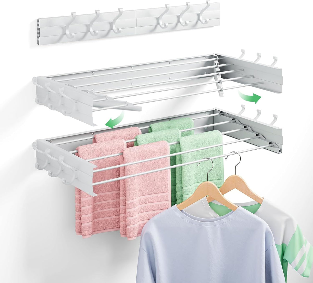 Wall Mounted Drying Rack 31.5", Foldable Clothes Drying Rack with 6 Towel Hooks and 5 Rods for Hanging Clothes, Space Saving Laundry Rack for Indoor Outdoor Bathroom Balcony Laundry Room(31.5")