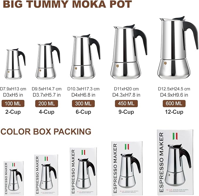 6 Cup Stovetop Espresso Maker Stainless Steel Moka Pot Stove Top Percolator Italian Coffee Makers Capable Mocha Greca Machine Cafe Classic Induction Cookers for Home and Camping 300ml 10oz