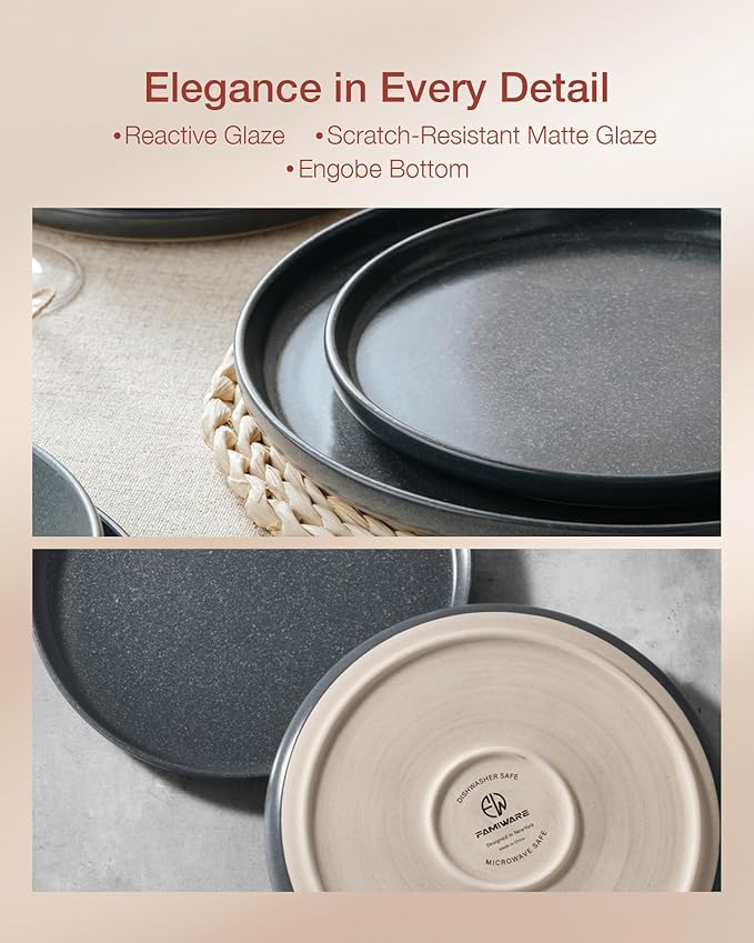 Famiware Milkyway Plates and Bowls Sets, 12 Pieces Dinnerware Sets, Reactive Glaze Dish Set, Stoneware Dishes Set for 4, Matte Dark Charcoal