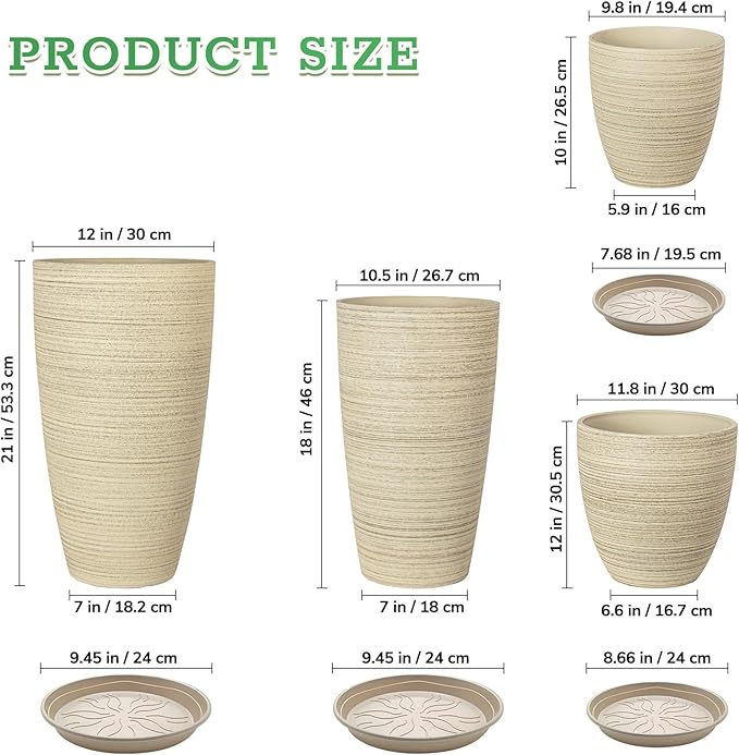 ZMTECH 4 Pack Plastic Planters 21/18/12/10in, Beige Faux Stone Finish Round Flower Pots with Drainage Holes & Saucers, Large Tall Plant Pots for Indoor Outdoor, Patio Garden Decor, Plant Containers