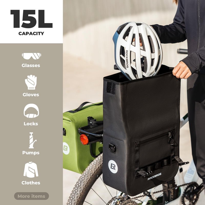 ROCKBROS Bike Panniers 15L Capacity Waterproof Bike Rack Bag Bicycle Panniers for Cycling Commuting Bikepacking Green