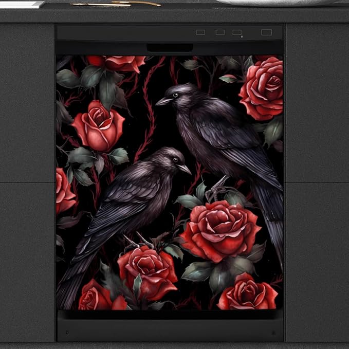 Dishwasher Magnet Cover Halloween Rose Crows Reusable Dishwasher Magnetic Cover Sticker Decorative Dish Washer Door Cover Panel for Home Kitcen Appliance