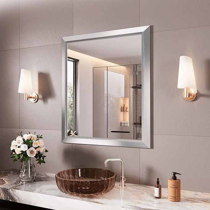 Amorho Bathroom Mirror, 28x32 Inch Silver Thick Metal Framed Wall Mirrors