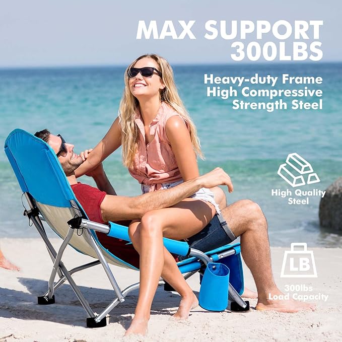 AKSOUL Folding Beach Chair for Adults: Low/High Back Chairs with Carry Bag - Extra Wide Seat Chair with Comfortable Pillow & Storage Pocket (1 Pack & 2 Pack, Blue)