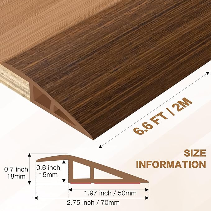 Floor Transition Strip Vinyl Door Threshold Ramp Self Adhesive Carpet Edging Strip Doorway Edge Trim, Overlap Edge Reducer for Laminate Carpet, Floor, Tile (Brown Wood Grain, 2/5" to 3/5", 6.6Ft)
