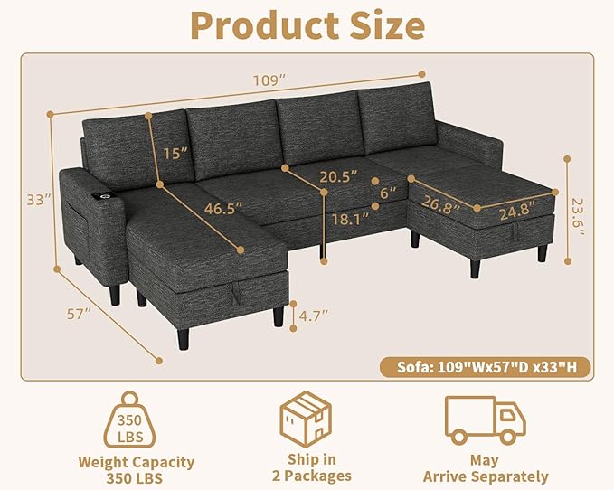 Smart Sectional Couches for Living Room, 6 Seat U/L Shaped Sectional Sofa with RGB Light/Charging, Modern Living Room Furniture for Apartments/Office/More (Dark Grey)