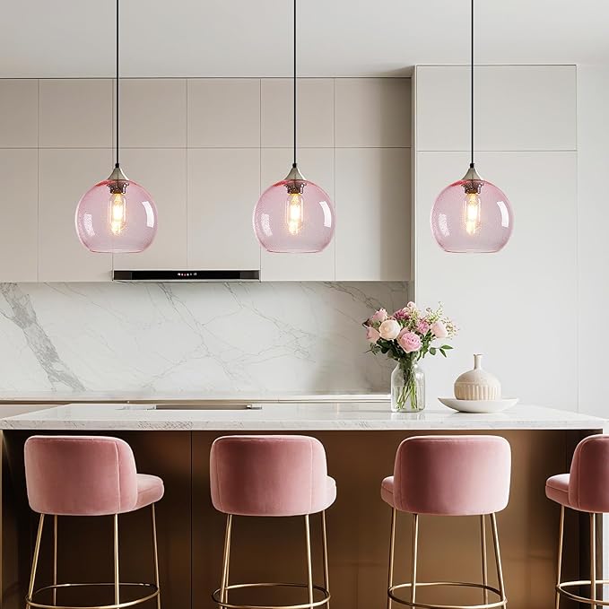 Pink Glass Pendant Lights Kitchen Island Lighting Globe Pendant Light Fixtures Modern Pendant Lighting for Bedroom Living Dining Room Light Fixture (7.87 in, 2 Pack)