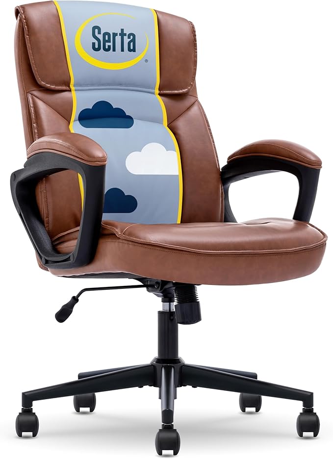 Serta Hannah Executive Home Office Desk Chair, Ergonomic Mid-Back with Lumbar Support, Firm Seat Cushion, Layered Body Pillows, Padded Armrests, Swivel Base, Easy Assembly, Bonded Leather, Cognac