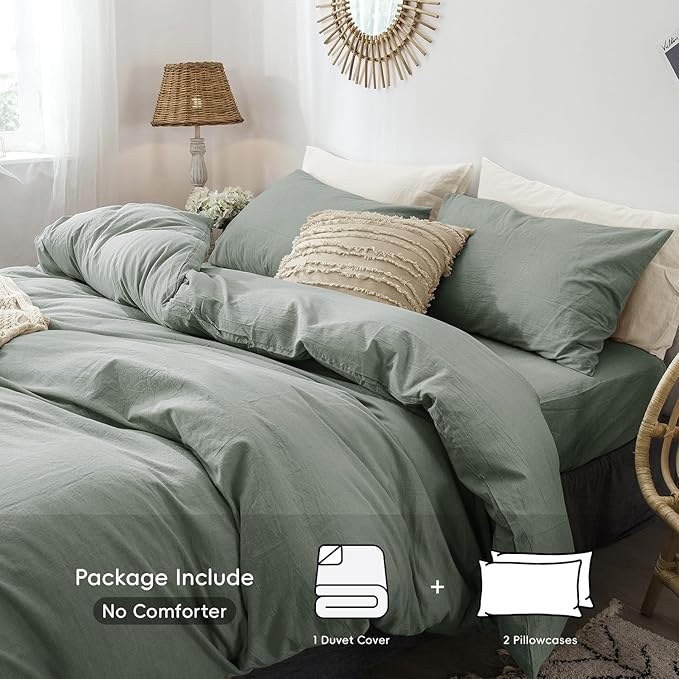 MooMee Bedding Duvet Cover Set 100% Washed Cotton Linen Like Textured Breathable Durable Soft Comfy (Heathered Green, Super King 108"x98")