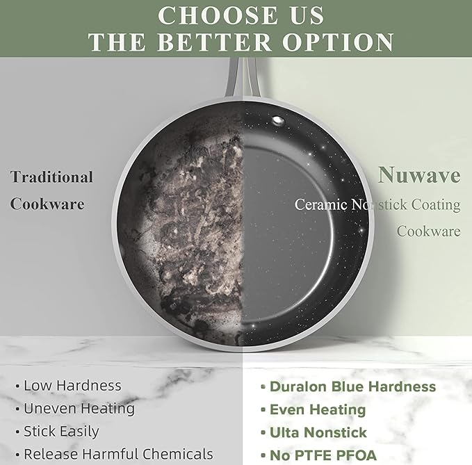 Nuwave 9pc Cookware Set Healthy Duralon Blue Ceramic Nonstick Coated, Diamond Infused Scratch-Resistant, PFAS Free, Oven Safe, Induction Ready & Evenly Heats, Tempered Glass Lids & Stay-Cool Handle