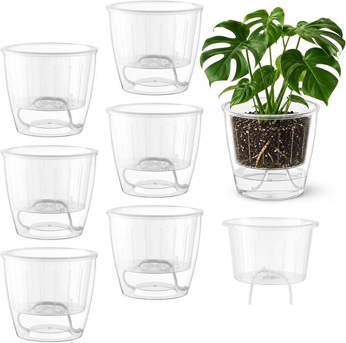 Clear Self Watering Pots for Indoor Plants, 6-Pack 6.7'' Clear Plant Pots with Drainage, Self Watering Planter, African Violet Pot, Semi Hydroponic Pot for Orchids, Flowers, Herbs