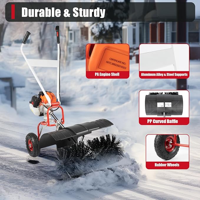 52CC 2.5HP Artificial Grass Brush Sweeper, 2 Stroke Walk Behind Sweeper Outdoor Hand Held Gas Power Broom Single Cylinder Broom Driveway Cleaning Tools for Snow Lawn Artificial Gravel