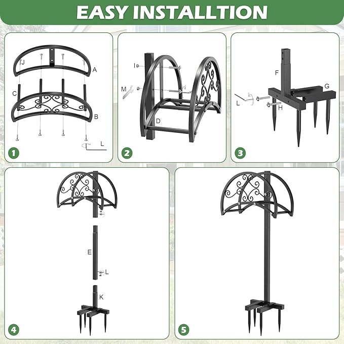 OLV Garden Hose Holder, Heavy Duty Metal Outdoor Water Hose Holder Freestanding Stake with 4 Spikes Holds 150-ft Pipe, Detachable Decorative Hose Stand Hanger Rack for Outside Yard Lawn Farm