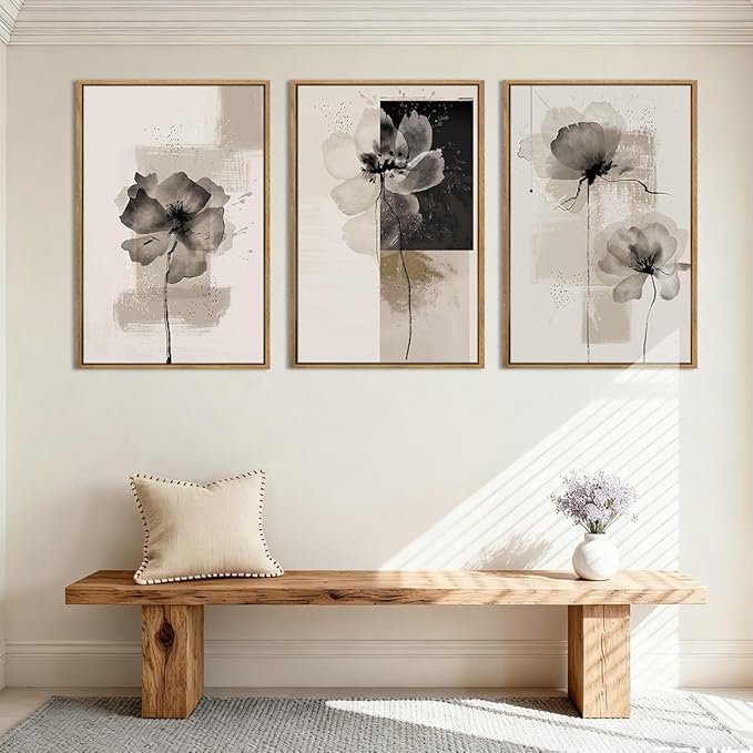 IARTTOP Neutral flower Framed Wall Art 16x24 Inch Black Beige Abstract Floral Canvas Wall Decor Modern Minimalist Flower Paintings for Living Room Bedroom Dining room Set of 3
