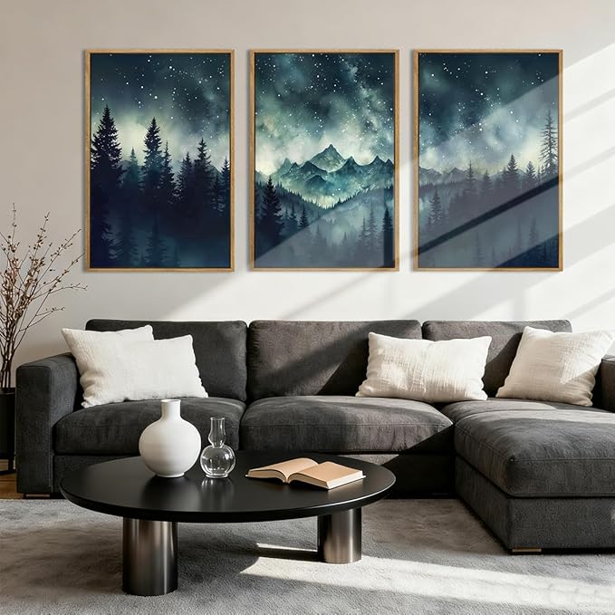Large Mountain Framed Wall Art 16x24 Inch Dark Forest Starry Sky Canvas Wall Decor Modern Nature Wilderness Art Print for Living Room Bedroom Office Set of 3