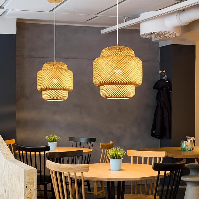 11.8inch Bamboo Pendant Light, Boho Chandelier Hand-Woven Wicker Rattan Hanging Ceiling Lighting, Rustic Farmhouse Pendant Lamp for Kitchen Island, Dining Room, Bedroom, Living Room, Foyer