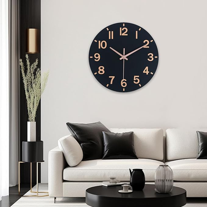 HZDHCLH Wall Clock 12 Inch Silent Non Ticking Wood Battery Operated Black