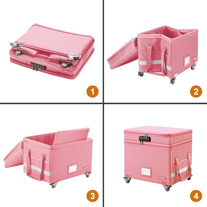 DocSafe File Box with Lock,2-Layer Fireproof Document Box with Wheels,Collapsible Rolling File Storage Organizer with Pockets,Large Portable Home Office Filing Cabinet Safe for Hanging Folders,Pink