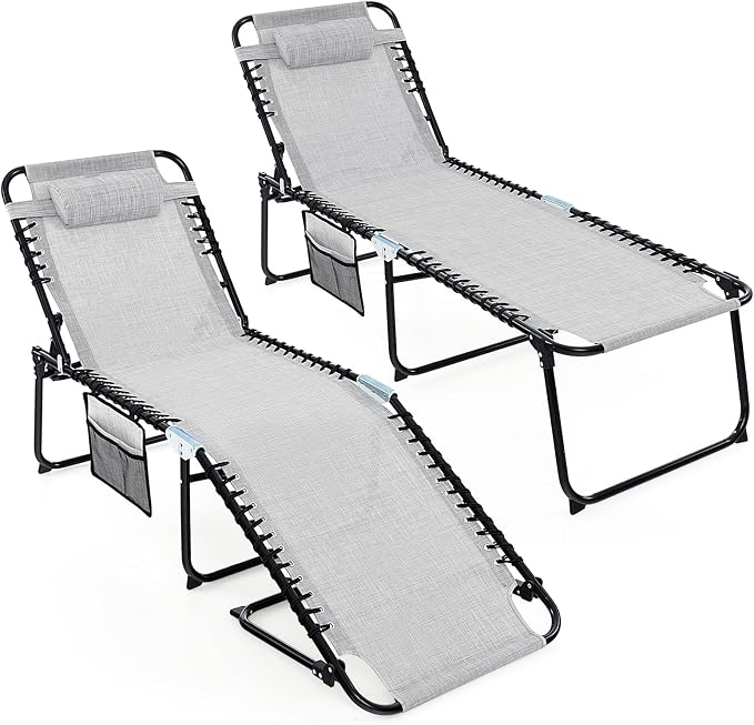 Goplus Chaise Lounge Chair Outdoor, Folding 5-Postion Beach Lounge Chair with Detachable Pillow, Side Pocket, Sunbathing Lounge Chair, Adjustable Tanning Chair for Patio Lawn Pool Yard