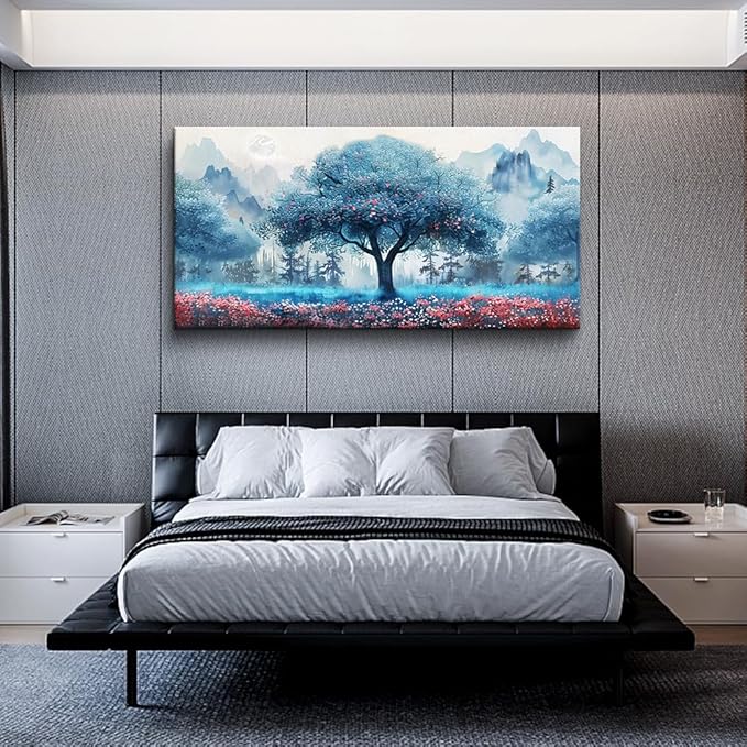 MHARTK66 Canvas Wall Art For Living Room Wall Decor For Bedroom Office Decorations Blue Tree Landscape Wall Paintings Farmhouse Pictures Artwork Room Home Decor Ready To Hang Posters 40"X20"
