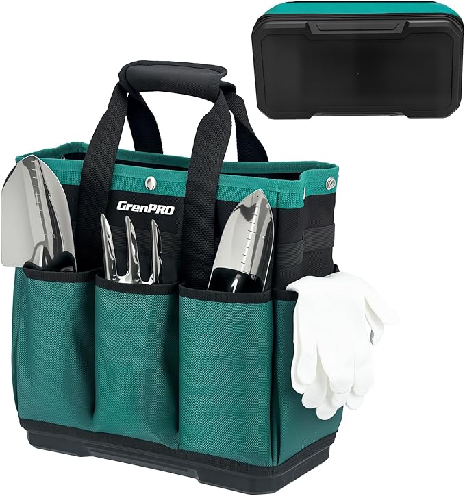 GrenPRO Garden Tool Bag Molded Bottom, Heavy Duty Tool Tote Toolbox with 10 Pockets, Reinforced & Top Snap Closure for Gardening Tools Storage, Dark Green(Tools Not Included)