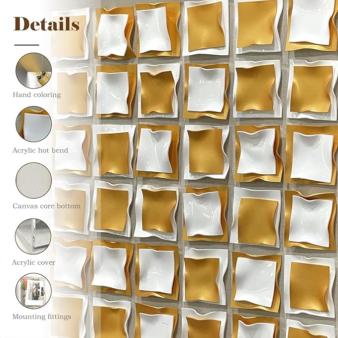 BrightA Gold and White Geometric Wall Sculpture Reflective 3D Textured Panels Brushed Metal Texture with Wave Modern Framed Abstract Art for Bedroom Office Decor 23.6"x23.6"