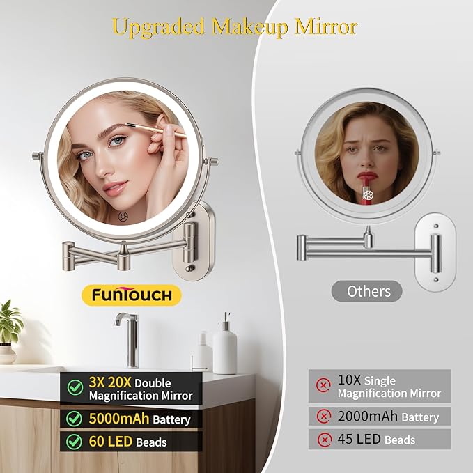 FUNTOUCH 3X/20X Wall Mounted Lighted Makeup Mirror, 5000mAh Rechargeable Double