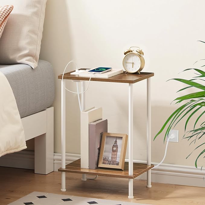 HOOBRO Side Table with Charging Station, Set of 2 End Table with USB Port and Outlets, Nightstand with 2-Layer Storage Shelves for Small Spaces, Living Room, Bedroom, Walnut and White WH09UBZP201