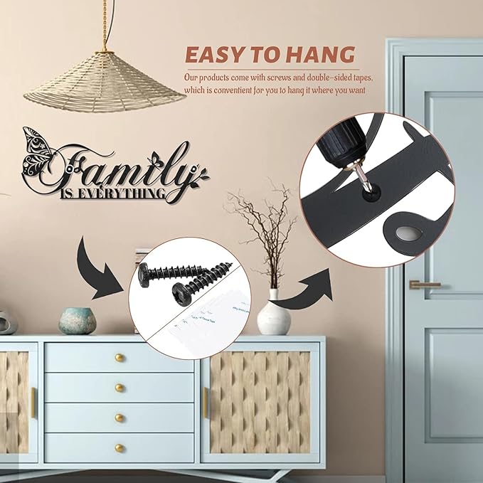 Family Signs Metal Wall Decor, Oppro Family Is Everything Word Sign with Butterfly for Home Decor, Black Art Plaque Letters for Living Room Dining Room Bedroom Housewarming Mother's Day Father's Day Christmas , 17”x6.3”