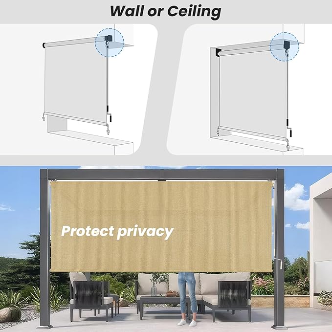 Custom Size Sesame Patio Shades Roll up Outdoor Roller Shade Crank Wand Blind