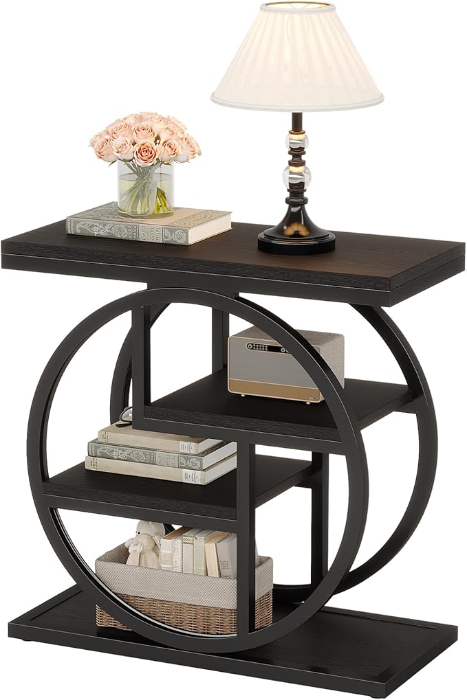 Tribesigns Black End Table for Living Room, 4-Tier Narrow Side Table with Storage Shelves, Modern Bedside Table for Bedroom, Wood Small Sofa Side Table with Geometric Metal Frame (1 PC, Black)