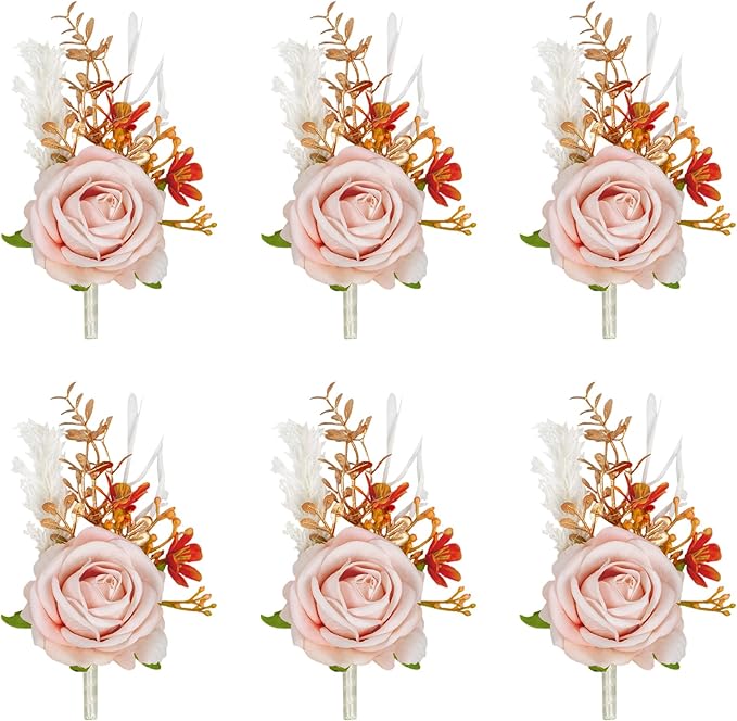 Meldel Pink Velvet Rose Boutonniere for Men,Set of 6,Groom and Best Man Boutonnieres with Artificial Flower,for Wedding Ceremony Anniversary, Formal Dinner Party, Fall Vintage Rustic Marriage Prom