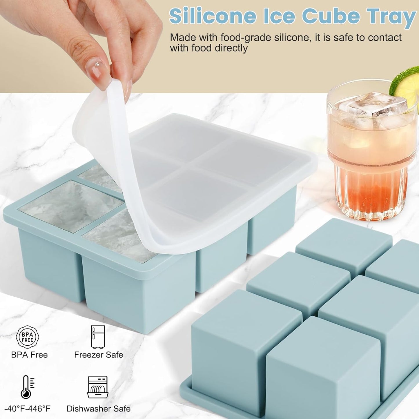 Large Silicone Ice Cube Tray 3Pack, SAWNZC Big Square Ice Cube Molds for Whisky Cocktail, Ice Maker Tray with Lid for Freezer, Easy Release (3, Blue)