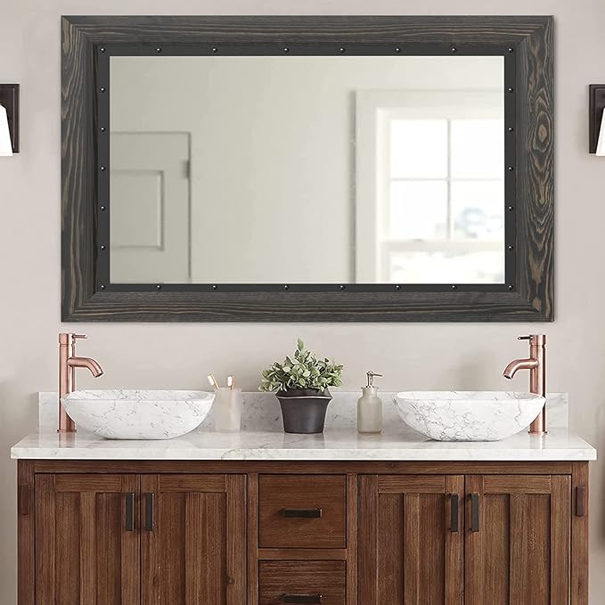 YOSHOOT Rustic Wooden Framed Wall Mirror, 40x30 Inch, Natural Wood and Iron