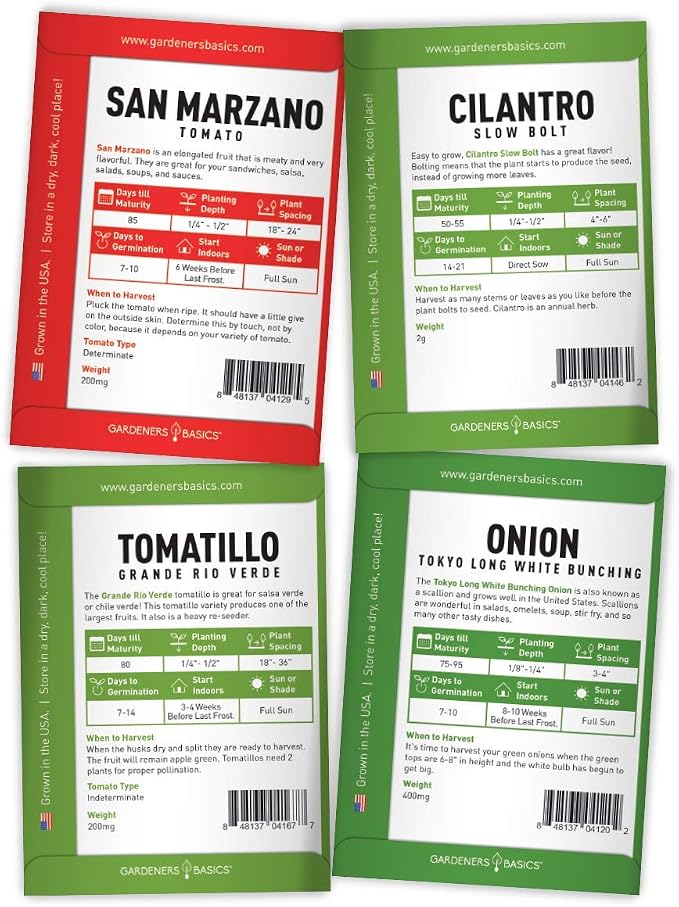 Gardeners Basics, Heirloom Hot Salsa Growing Seed Packets 8 Varieties Habanero, Jalapeno, Serrano Peppers, Roma, San Marzano Tomato, Cilantro, Green Onion, Tomatillo for Garden Non-GMO Heirloom