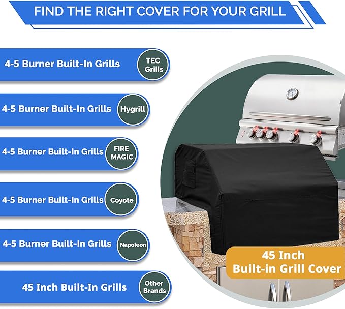 Covers & All Built-in Grill Cover for Outdoor Grill – Heavy Duty 12 oz Waterproof Built-in BBQ Grill Cover, PVC-Coated Polyester with Elastic Hem for Snug Fit (45 x 27 x 24.75 inches, Black)