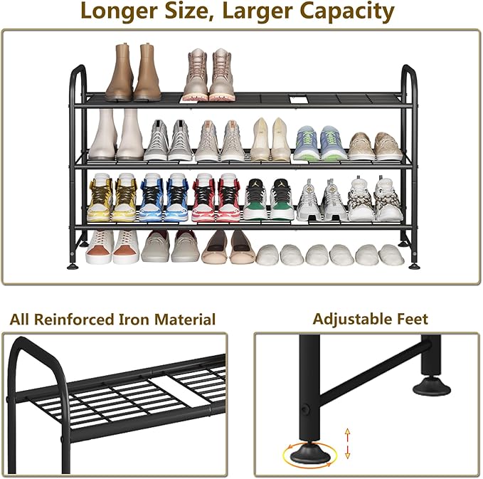 LINZINAR Shoe Rack 3 Tier Long Metal Shoe Organizer for Closet Entryway Black