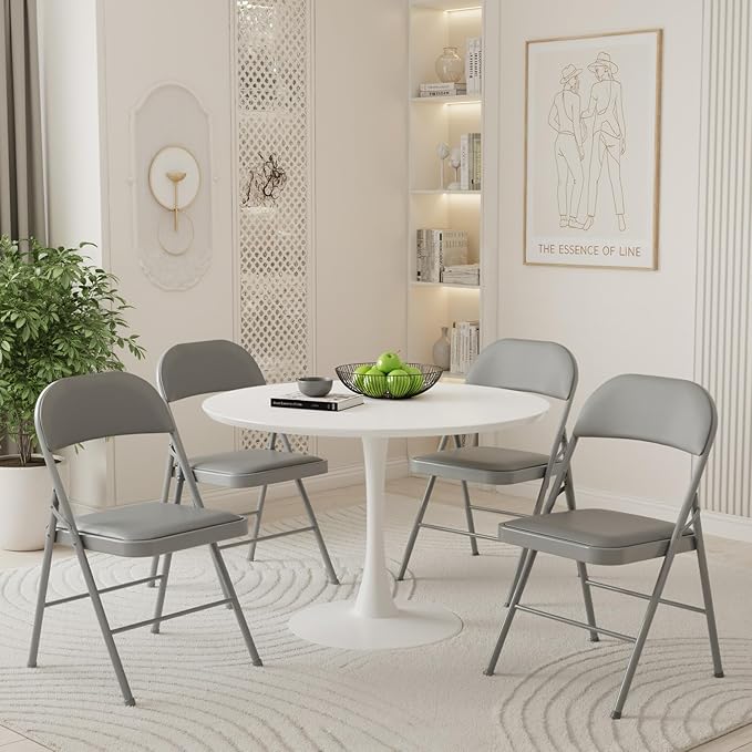 DUMOS 4 Pack Folding Chairs with Padded Cushion and Back - PU Leather Stackable Portable Dining Chairs Set, for Home and Office, Conference, Wedding, Party, Patio, Garden, for Indoor Outdoor, Grey