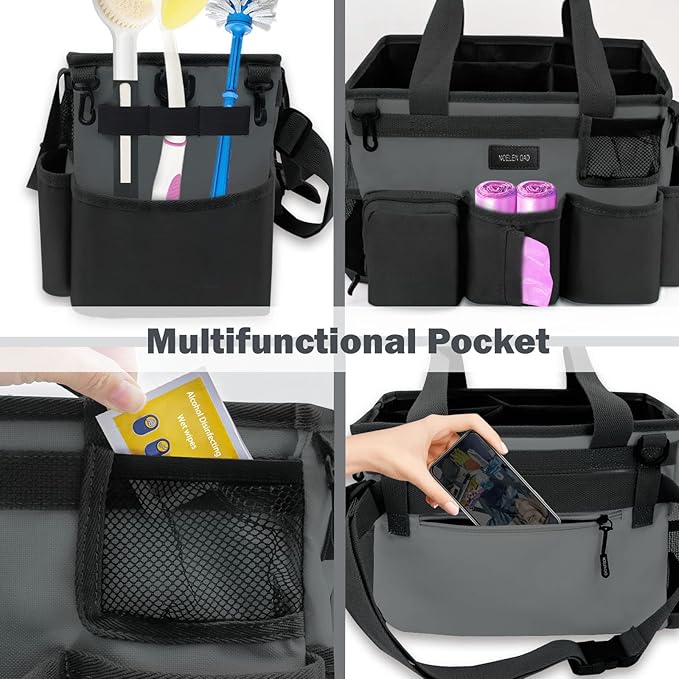 Wearable Cleaning Caddy Bag, Large Cleaning Supply Tote with Adjustable Shoulder and Waist Straps for Housekeepers (Grey)