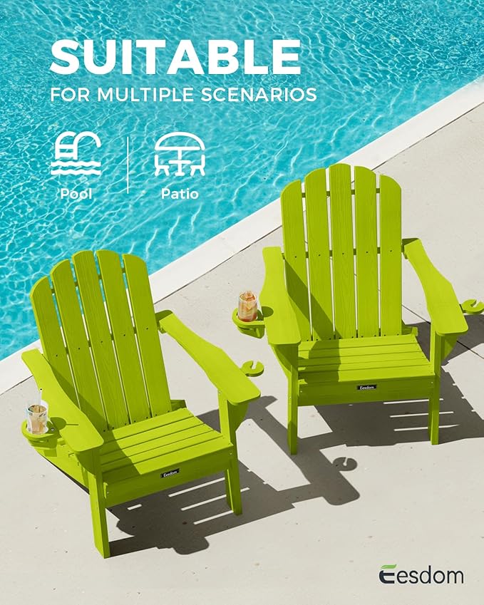 Adirondack Chairs Set of 4, Foldable Adirondack Chairs with 2 Cup Holder, Wood Texture HDPE Fire Pit Chairs, Outdoor Lawn Chair for Patio Garden, LemonGreen
