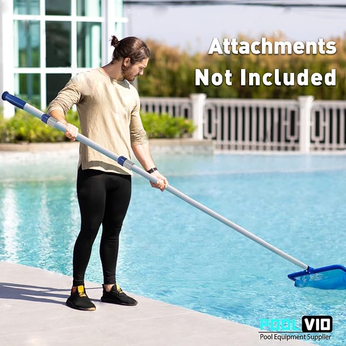 Poolvio 15 FT Telescopic Pool Pole - Adjustable 3 Piece Aluminum Pool Skimmer Pole for Pool Cleaning Skimmer Nets Vacuum Heads & Brushes, Strong Grip & Lock